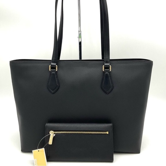 Michael Kors Bag Large Sheila Mf Tote Bag & Large Trifold Wallet Black/Gold - Picture 5 of 14